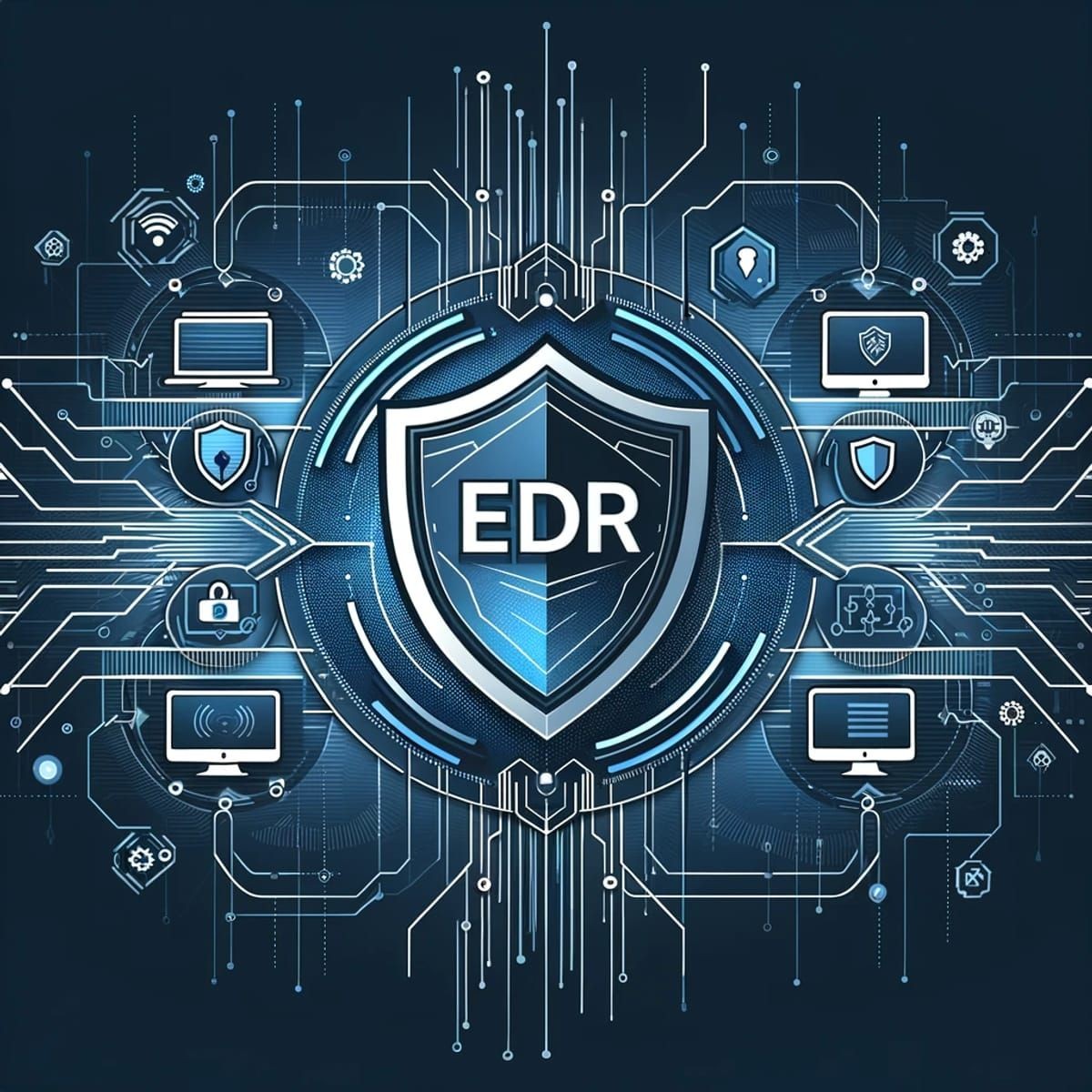 Illustration of EDR shield with interconnected network icons, symbolizing cybersecurity and protection.