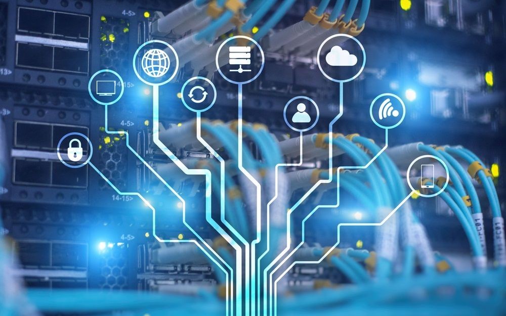 Network cables connected to a server with digital icons representing internet and cloud services.